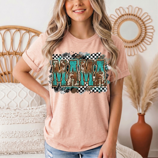 Turquoise & Cow Print Mama Western Graphic Tee
