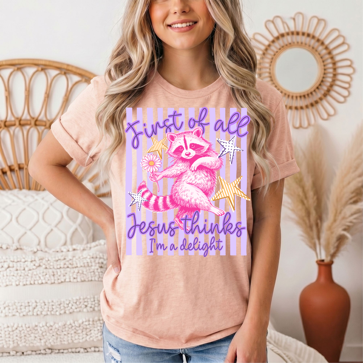 Jesus Thinks I'm a Delight Pink Raccoon Graphic Tee