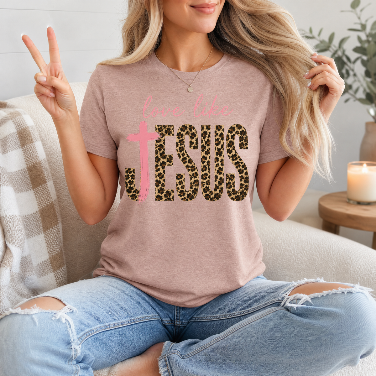 Love Like Jesus Leopard Print & Pink Cross Graphic Tee
