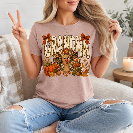 Grandma Thanksgiving Turkey & Bow Graphic Tee