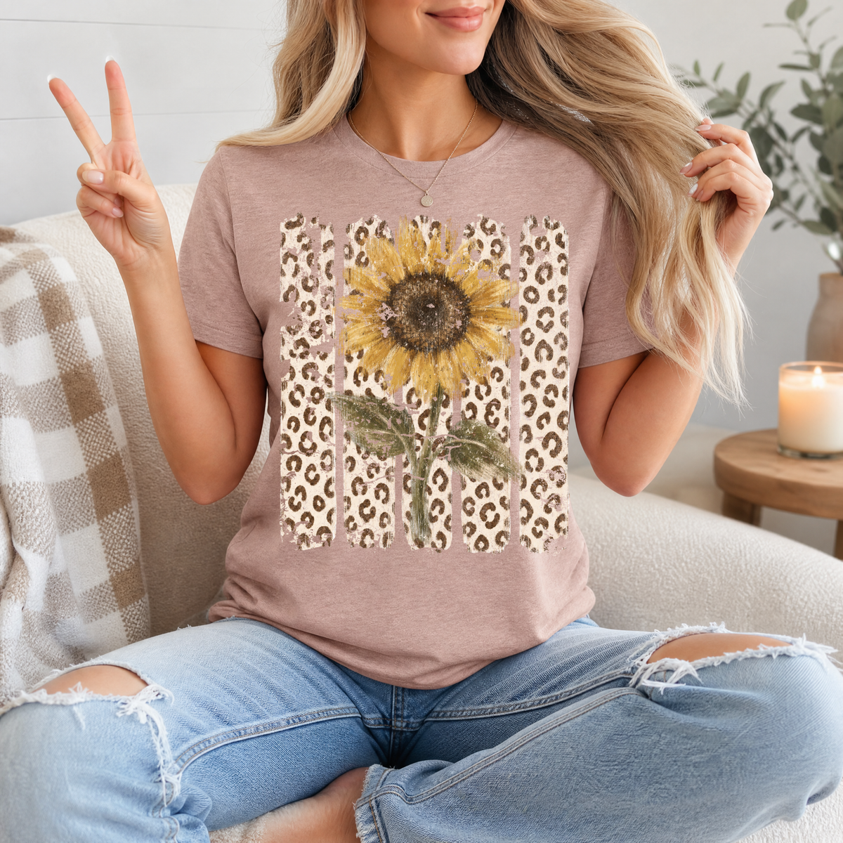 Distressed Sunflower & Leopard Print Graphic Tee