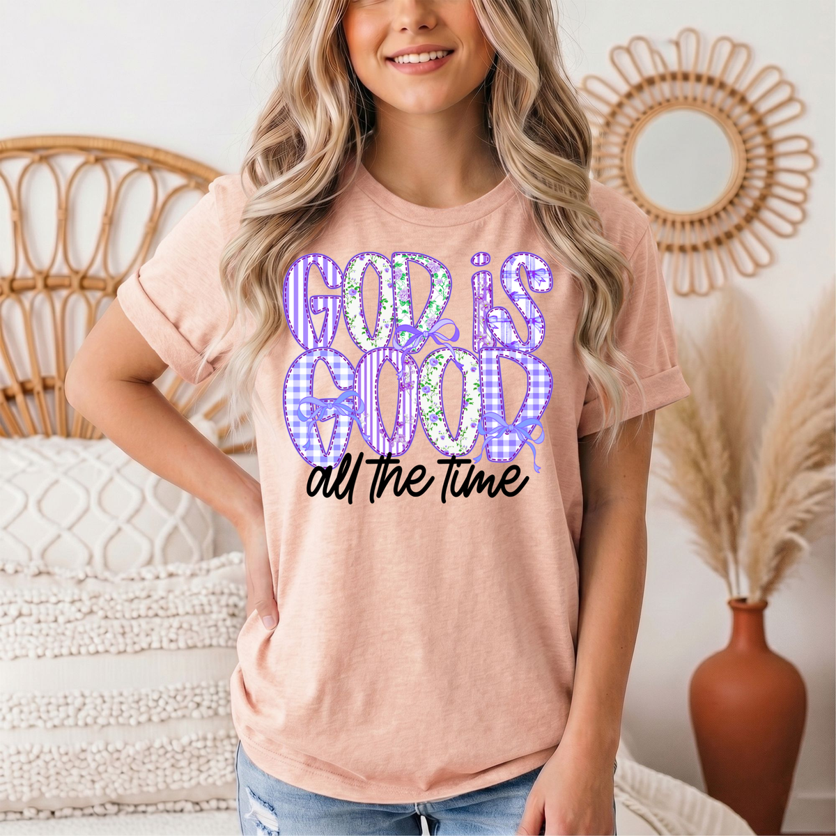 God Is Good All the Time Purple Bow Graphic Tee