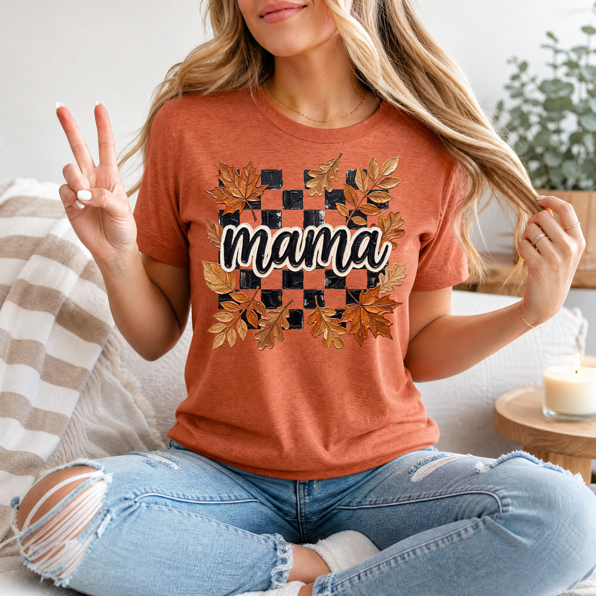 Mama Fall Leaves & Checkerboard Graphic Tee