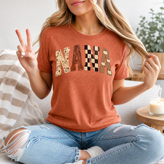 Fall Nana Floral, Checkerboard & Pumpkin Graphic Tee