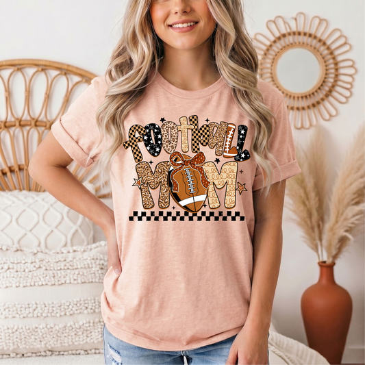 Football Mom Mixed Print Bow & Checkerboard Graphic Tee