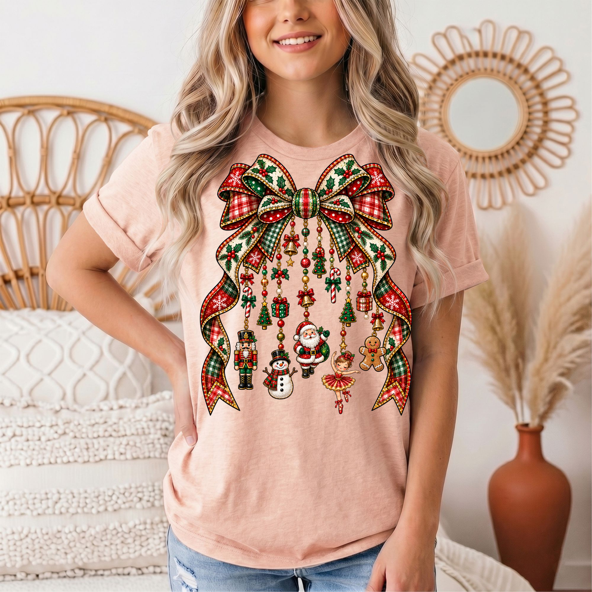 Christmas Plaid Bow & Holiday Charms Graphic Tee