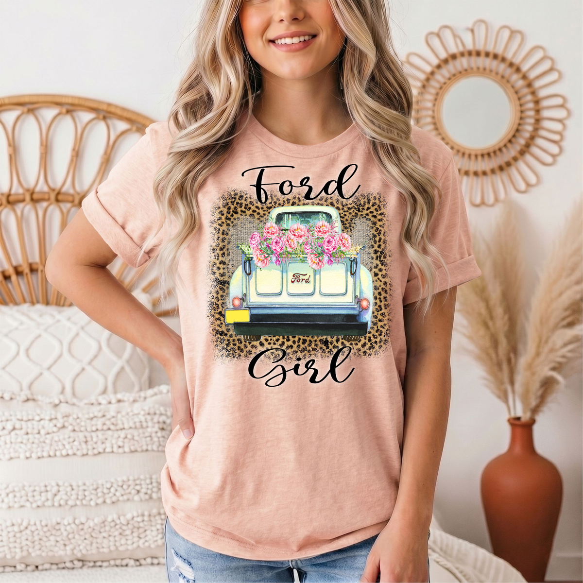 Ford Girl Floral Vintage Truck & Leopard Graphic Tee
