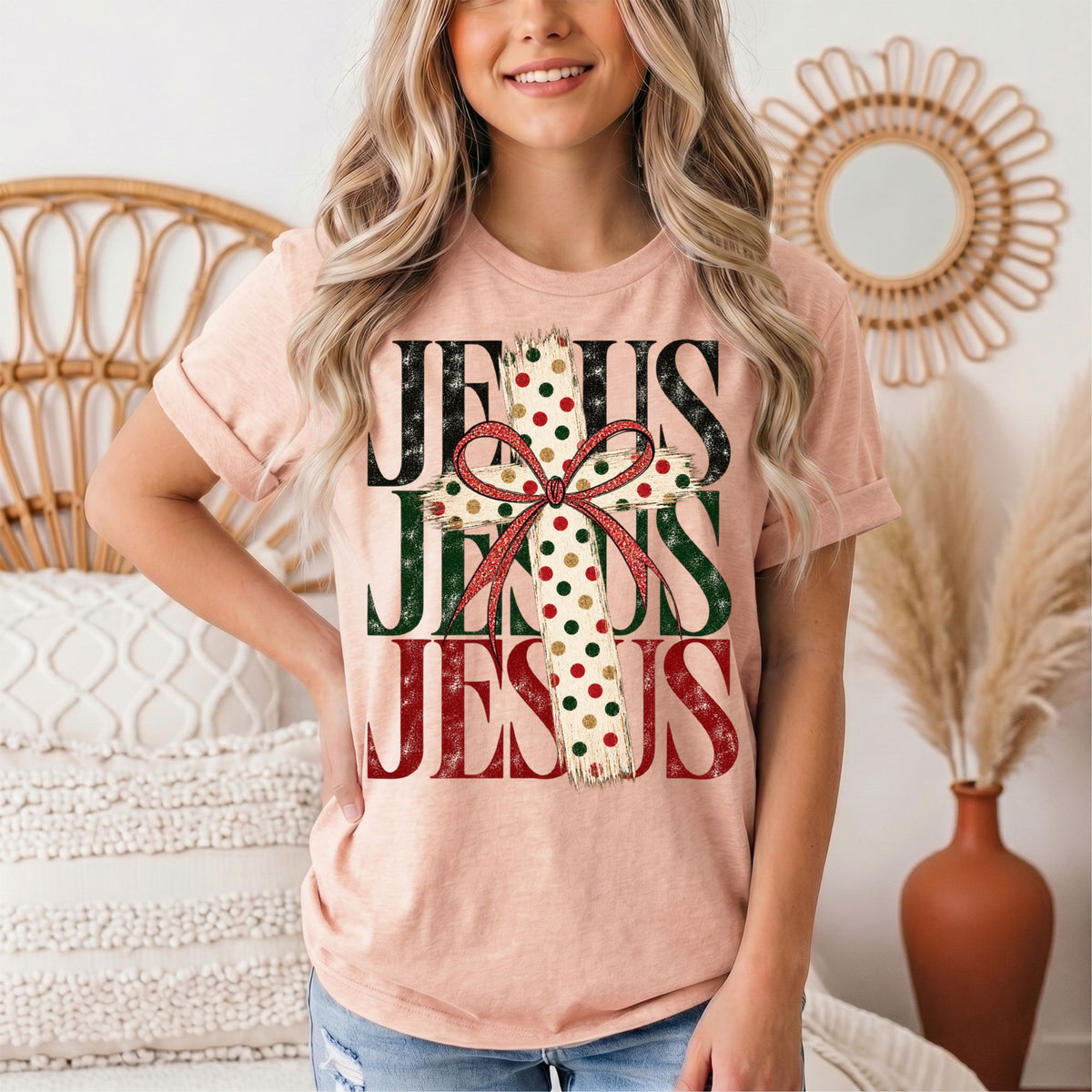 Jesus Christmas Cross & Bow Graphic Tee