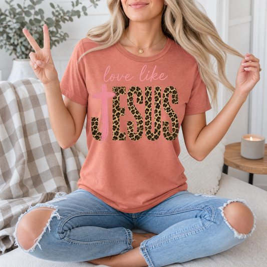 Love Like Jesus Leopard Print & Pink Cross Graphic Tee
