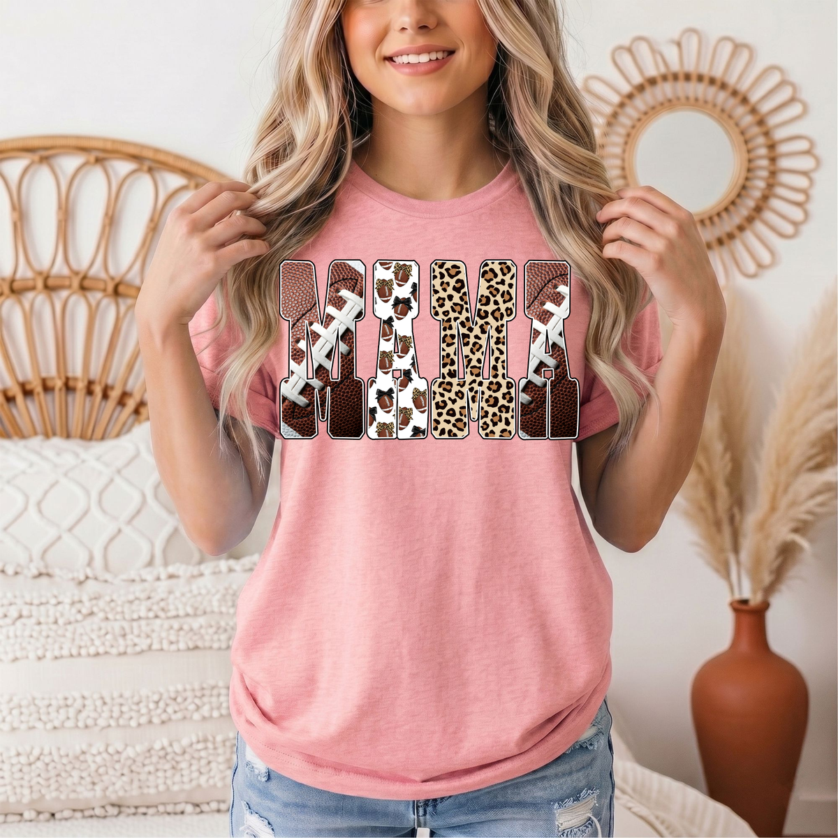 Mama Football & Leopard Mixed Print Graphic Tee