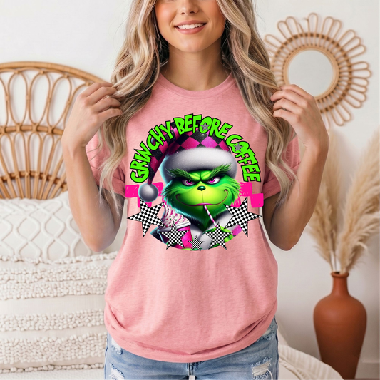 Grinchy Before Coffee Pink Checkerboard Christmas Graphic Tee