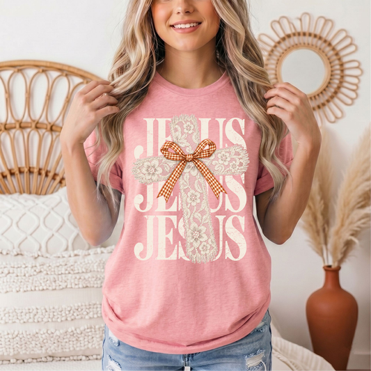 Jesus Lace Cross & Gingham Bow Christian Graphic Tee