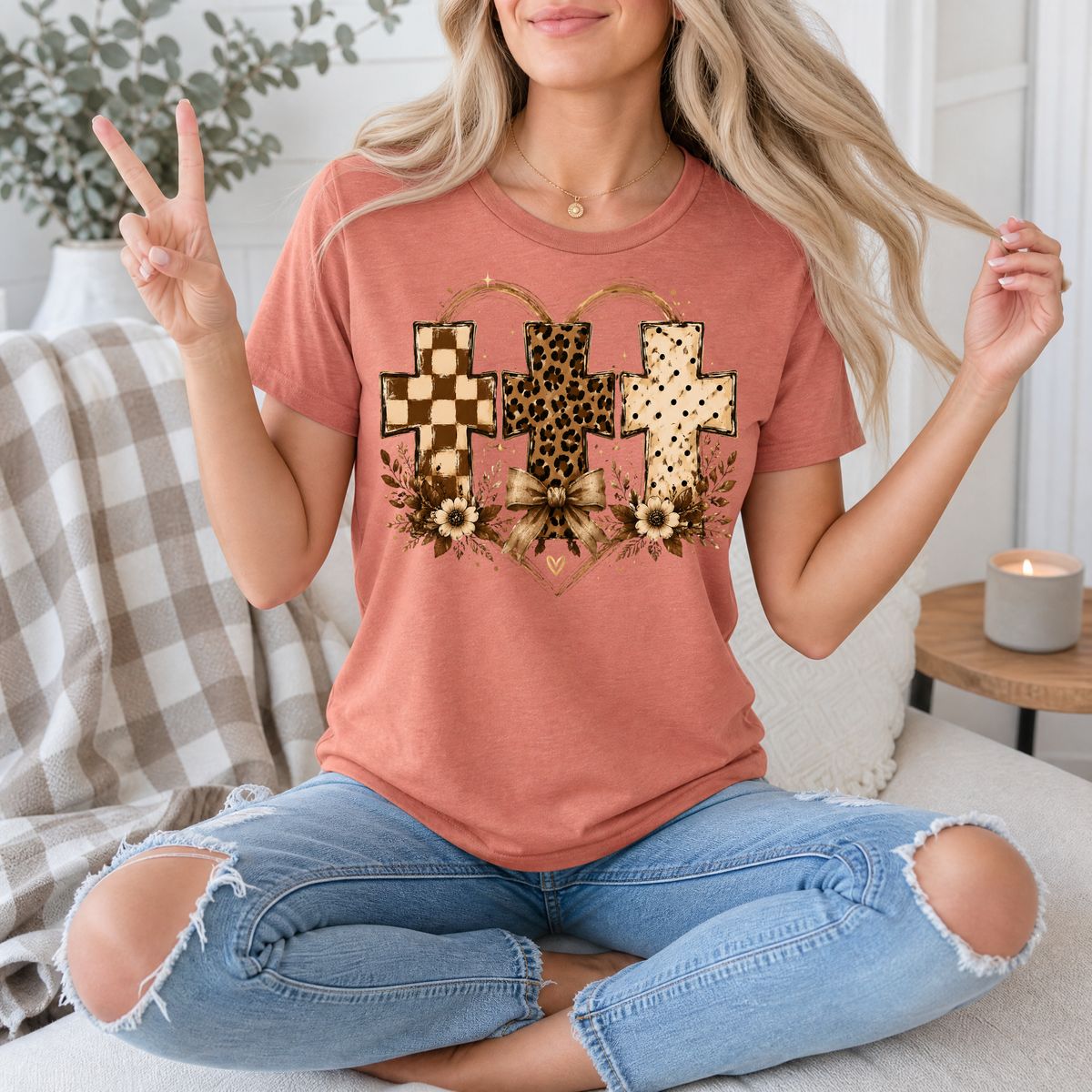 Christian Cross Trio Floral & Bow Graphic Tee