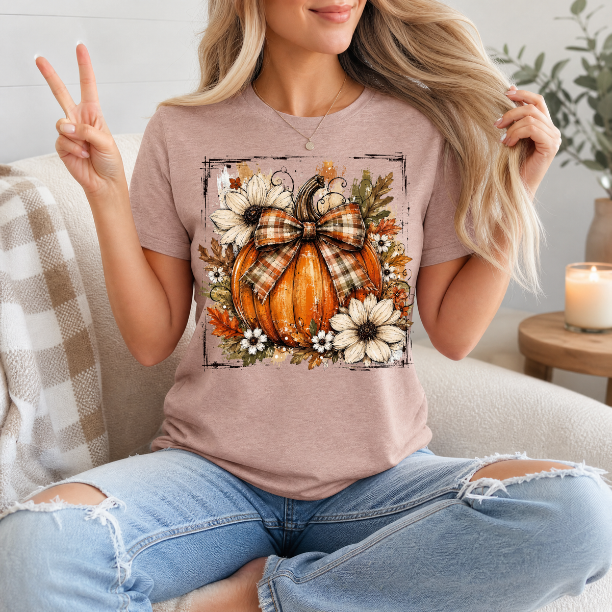 Fall Pumpkin Floral & Plaid Bow Graphic Tee