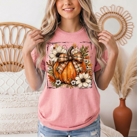 Fall Pumpkin Floral & Plaid Bow Graphic Tee