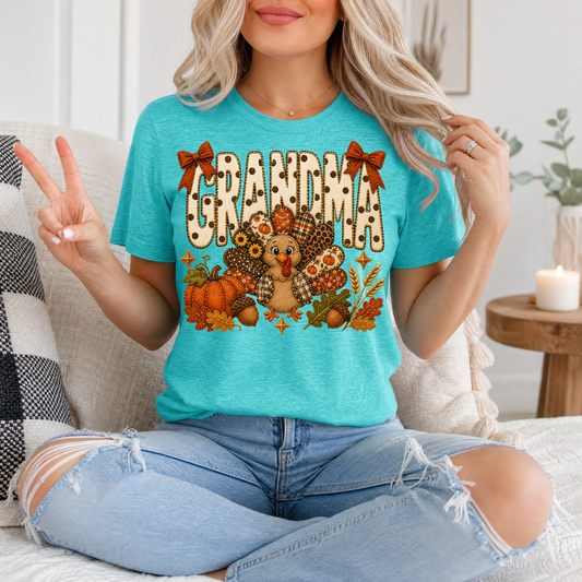 Grandma Thanksgiving Turkey & Bow Graphic Tee