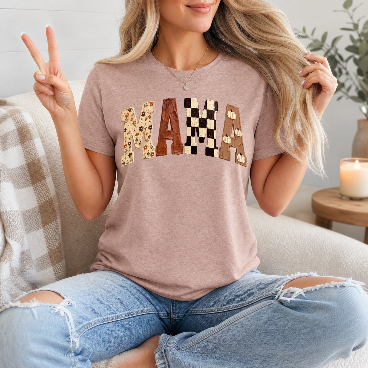 Fall Mama Floral, Checkerboard & Pumpkin Graphic Tee