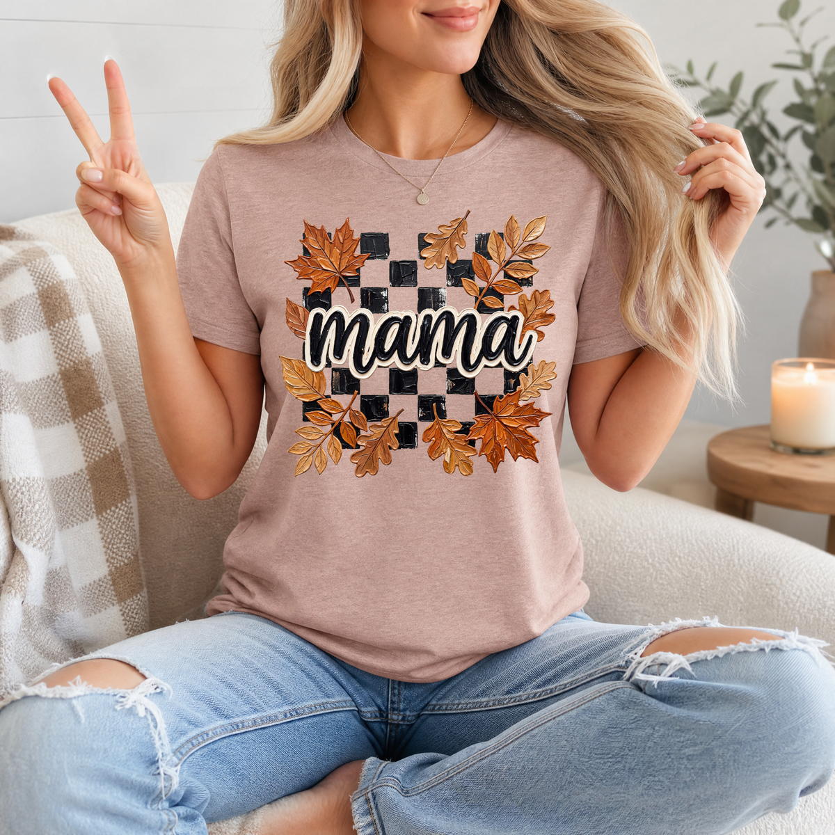 Mama Fall Leaves & Checkerboard Graphic Tee