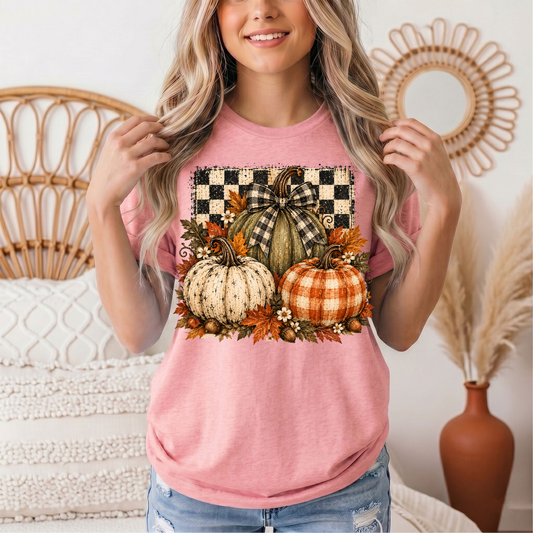 Rustic Fall Pumpkin Trio & Gingham Bow Graphic Tee