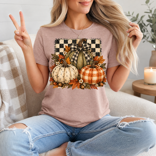 Rustic Fall Pumpkin Trio & Gingham Bow Graphic Tee