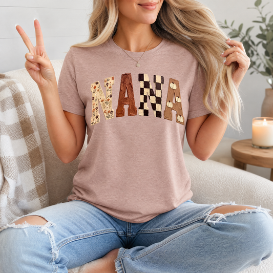 Fall Nana Floral, Checkerboard & Pumpkin Graphic Tee