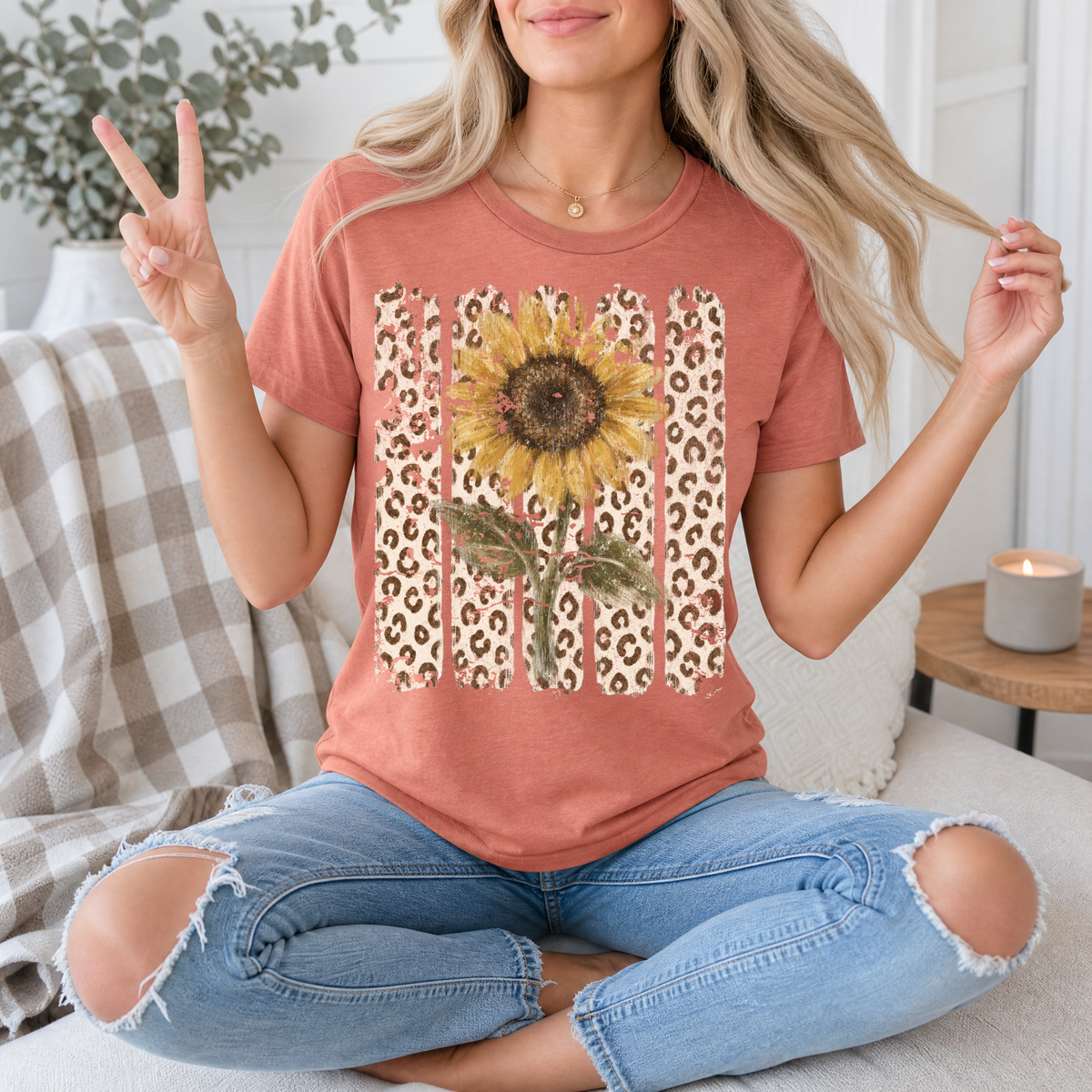 Distressed Sunflower & Leopard Print Graphic Tee