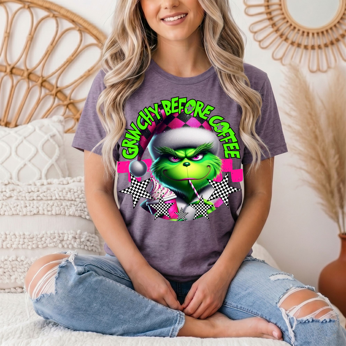 Grinchy Before Coffee Pink Checkerboard Christmas Graphic Tee