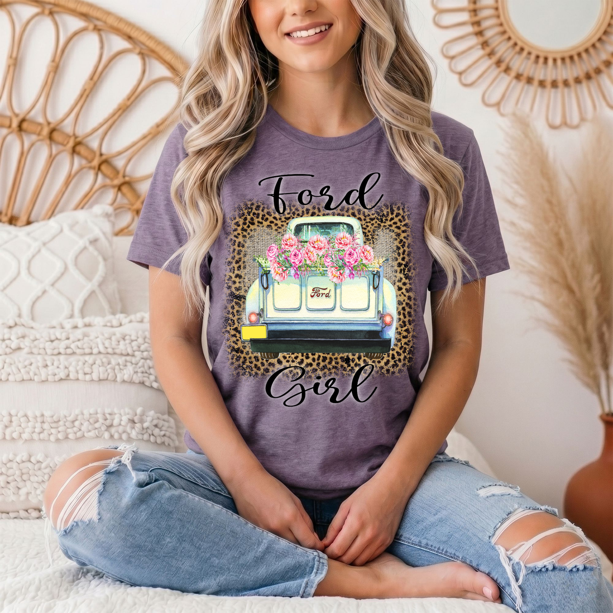 Ford Girl Floral Vintage Truck & Leopard Graphic Tee