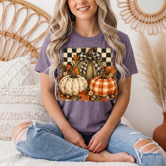 Rustic Fall Pumpkin Trio & Gingham Bow Graphic Tee