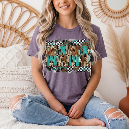 Turquoise & Cow Print Mama Western Graphic Tee