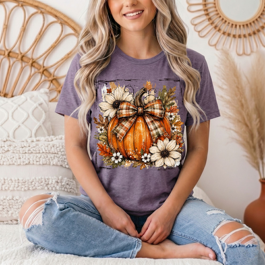 Fall Pumpkin Floral & Plaid Bow Graphic Tee