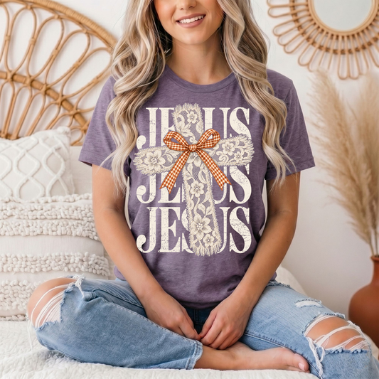 Jesus Lace Cross & Gingham Bow Christian Graphic Tee