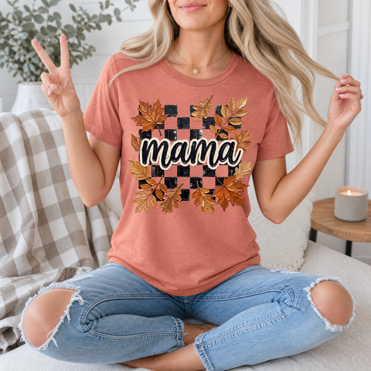 Mama Fall Leaves & Checkerboard Graphic Tee