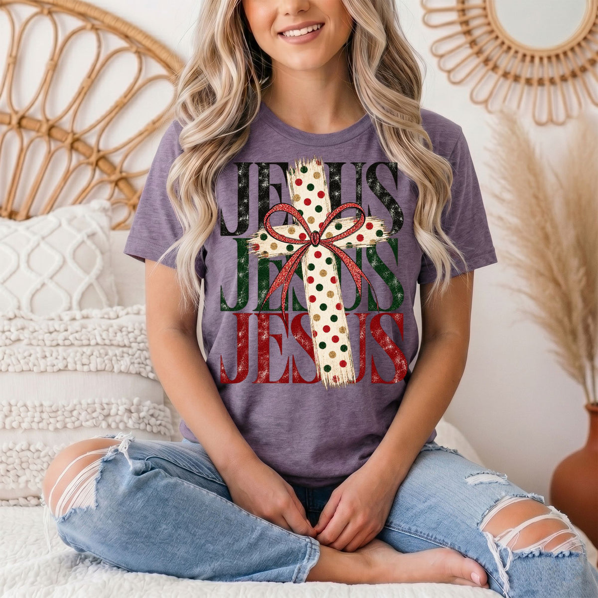 Jesus Christmas Cross & Bow Graphic Tee