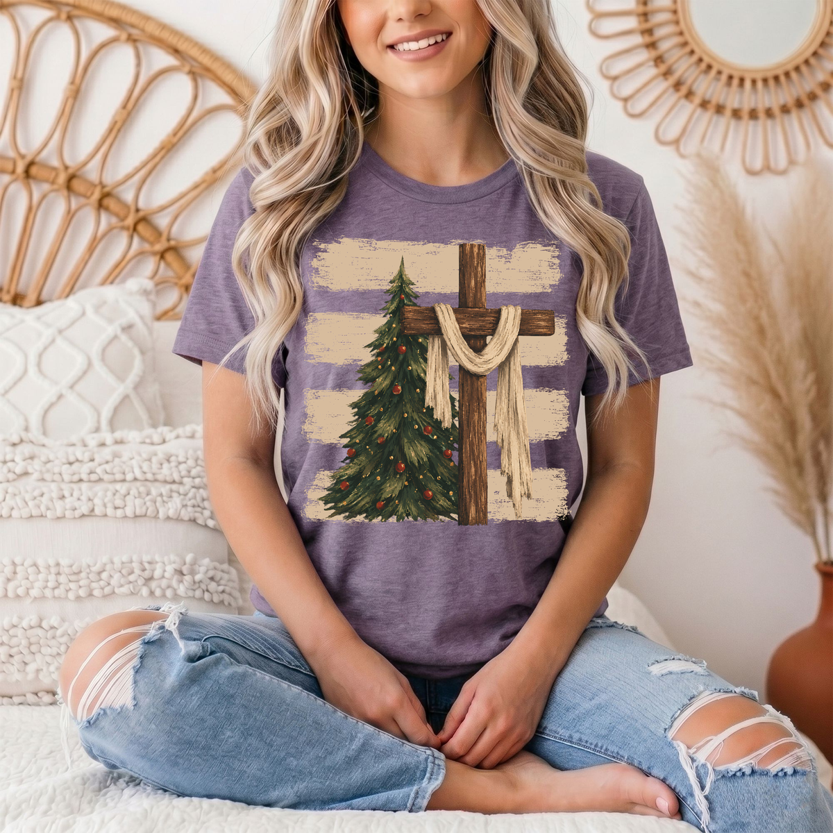 Rustic Cross & Christmas Tree Christian Graphic Tee