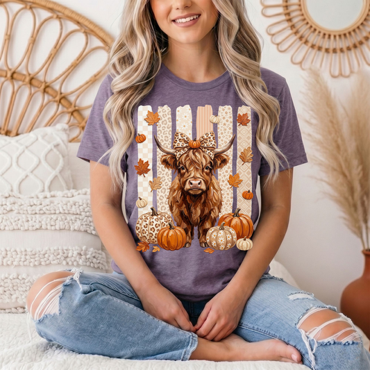 Fall Highland Cow Leopard Bow & Pumpkin Graphic Tee