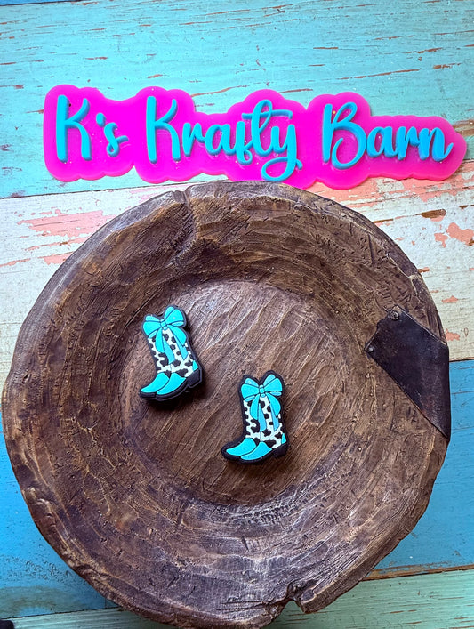 Wholesale Silicone Focal Bead- Teal Cowgirl boots with bow