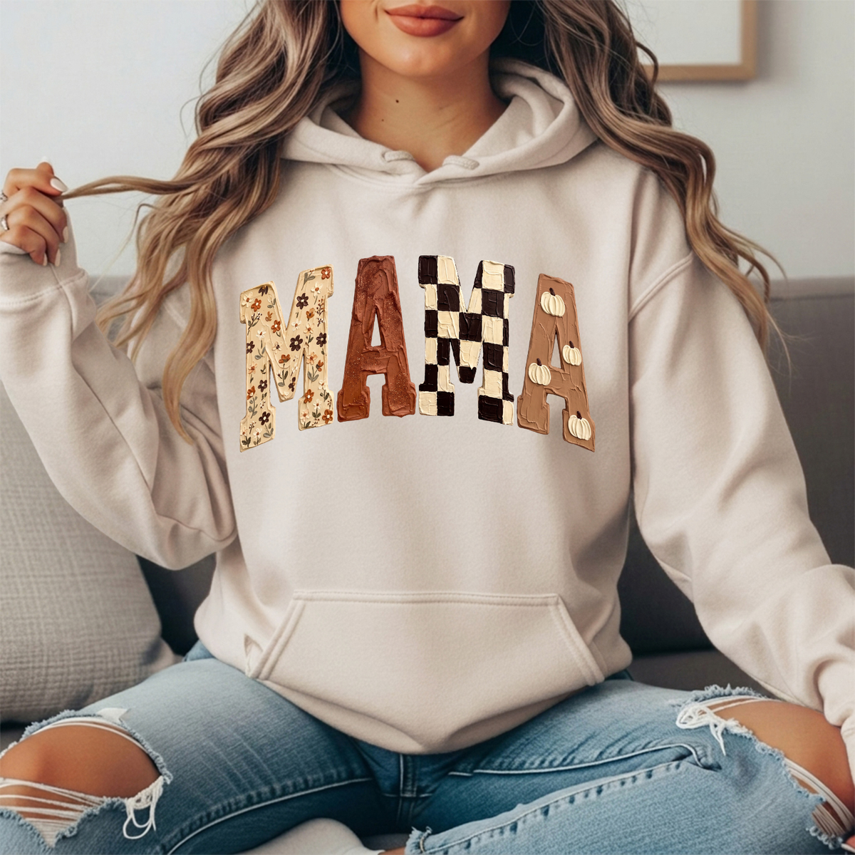 Mama Fall Floral, Checkerboard & Pumpkin Graphic Hoodie