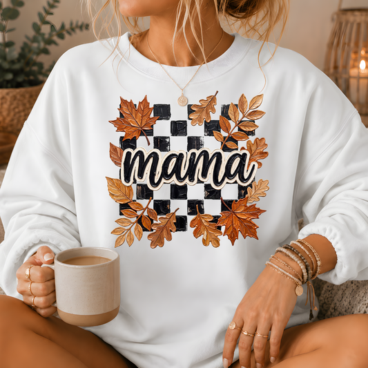 Mama Fall Leaves Checkerboard Crewneck Sweatshirt
