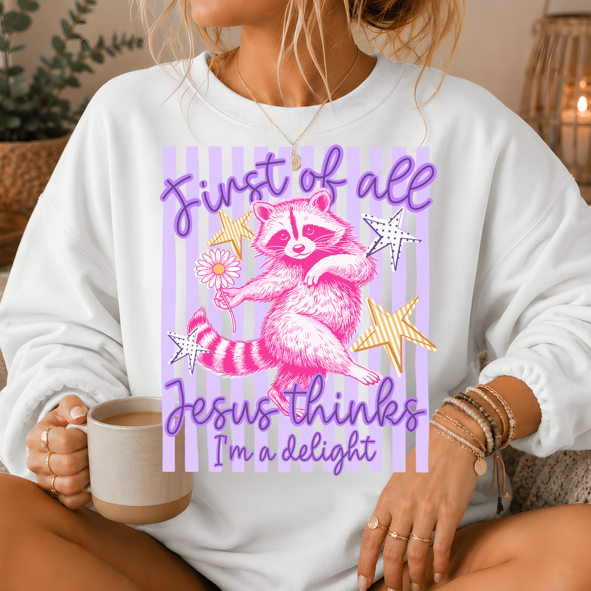 Jesus Thinks I'm a Delight Raccoon Crewneck Sweatshirt