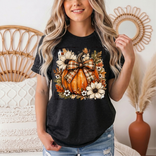 Fall Pumpkin Floral & Plaid Bow Graphic Tee