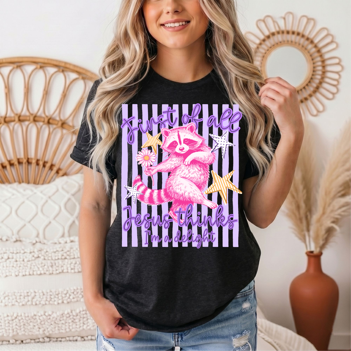 Jesus Thinks I'm a Delight Pink Raccoon Graphic Tee