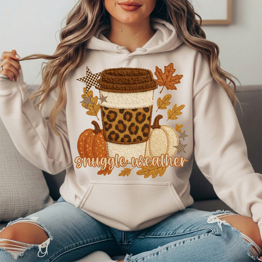 Snuggle Weather Faux Embroidery Coffee Hoodie Sweatshirt