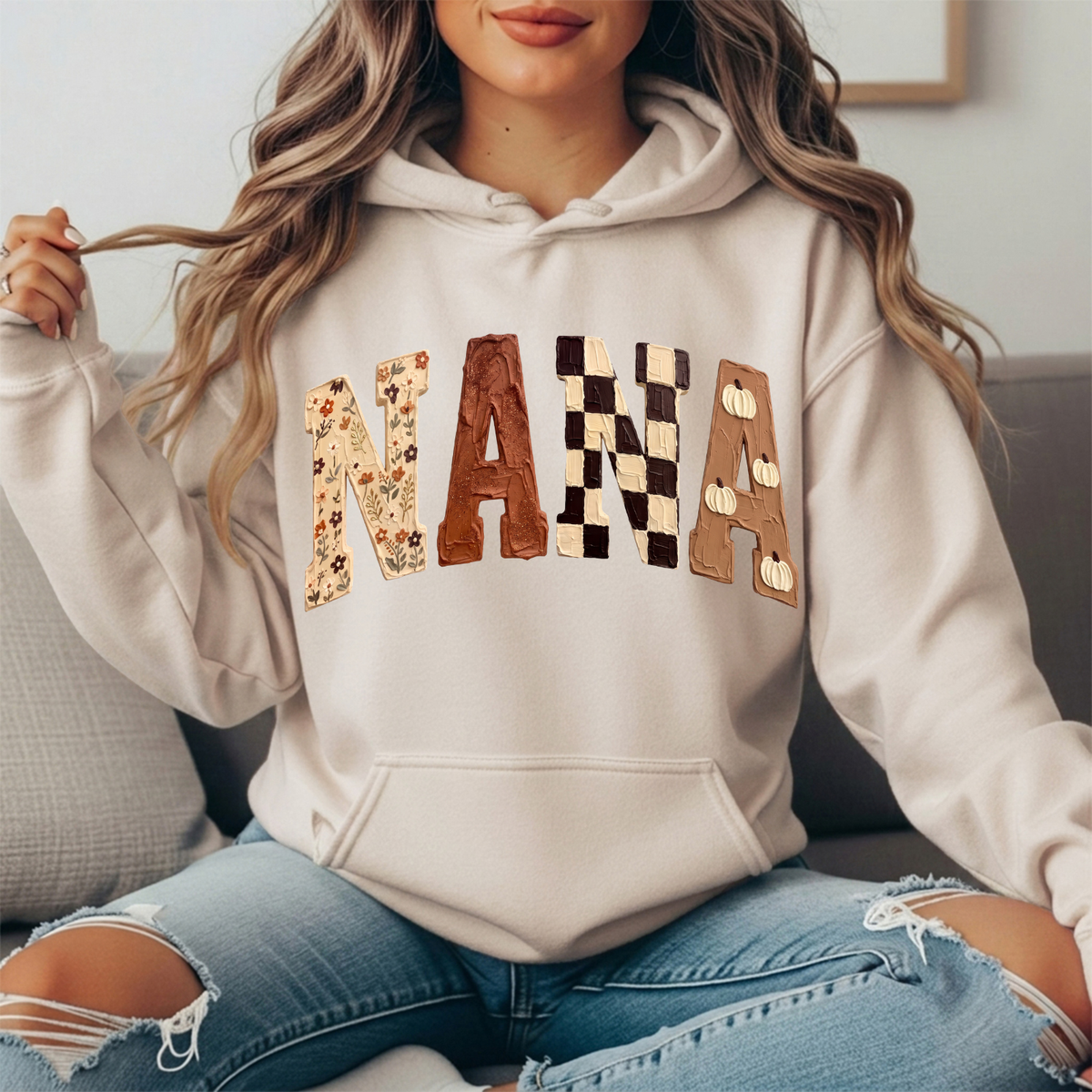 Nana Fall Floral, Checkerboard & Pumpkin Graphic Hoodie