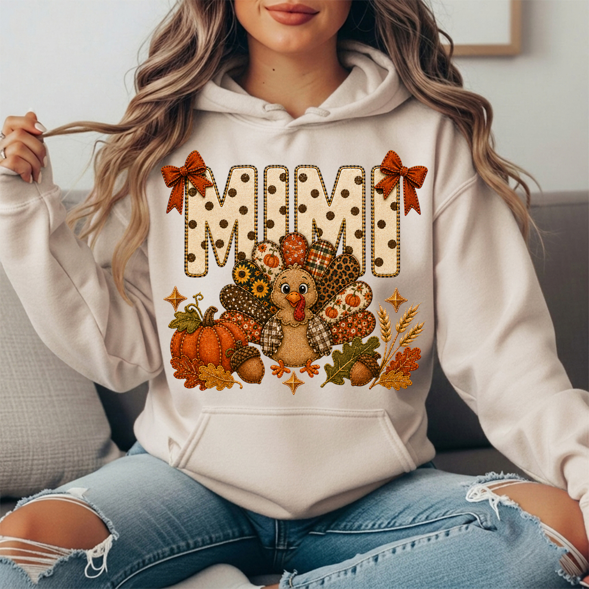 Mimi Thanksgiving Turkey & Rust Bows Graphic Hoodie