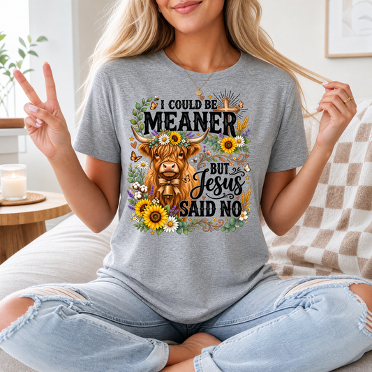 I Could Be Meaner, But Jesus Said No Highland Cow Graphic Tee