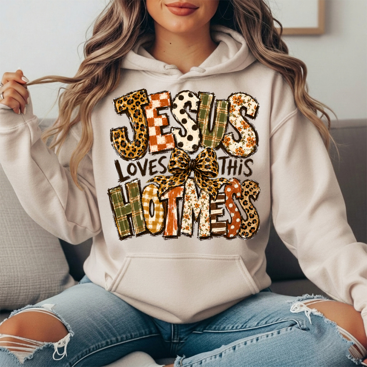 Jesus Loves This Hot Mess Leopard Bow Graphic Hoodie