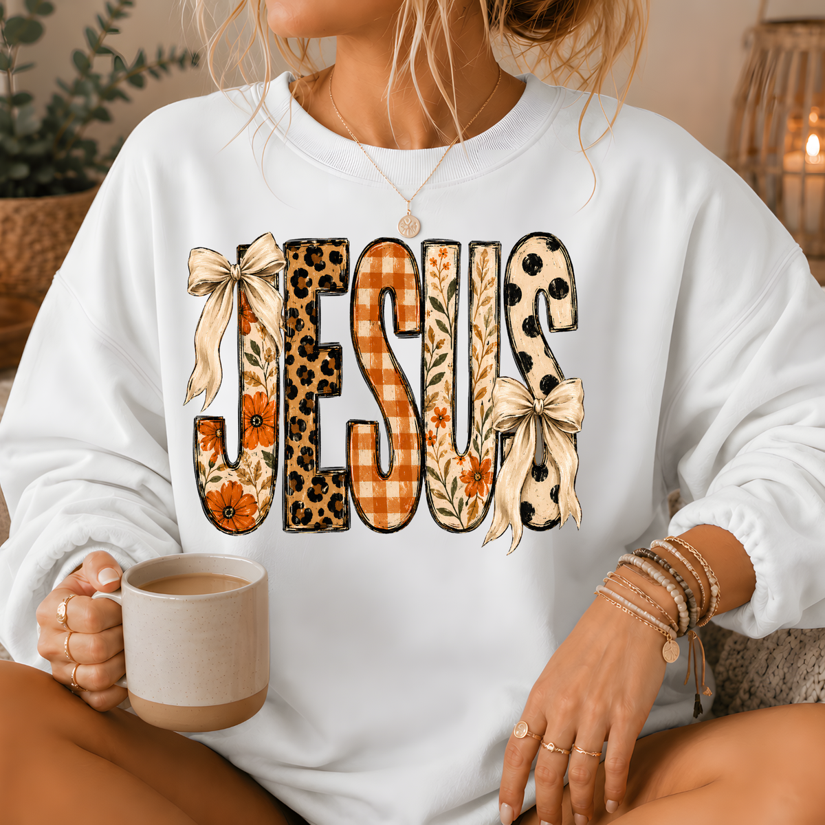 Jesus Mixed Print Bow Crewneck Sweatshirt