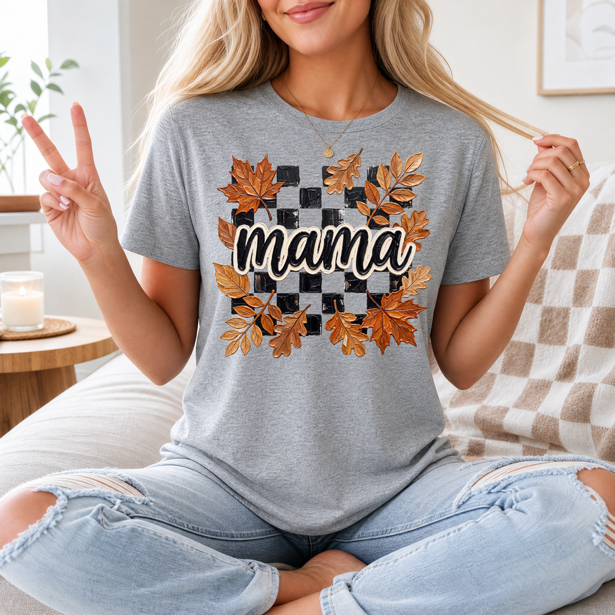 Mama Fall Leaves & Checkerboard Graphic Tee