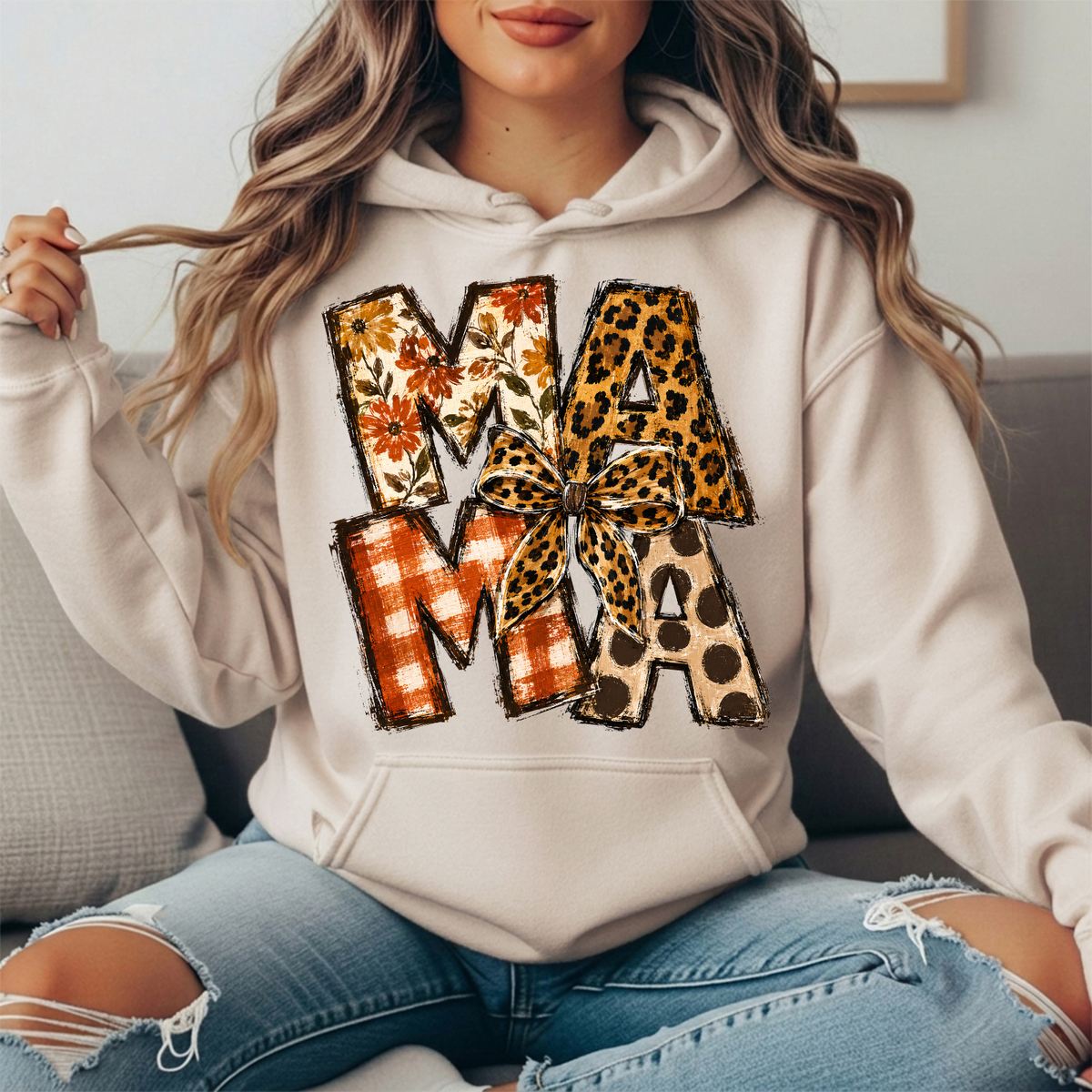 Mama Fall Patchwork & Leopard Bow Graphic Hoodie